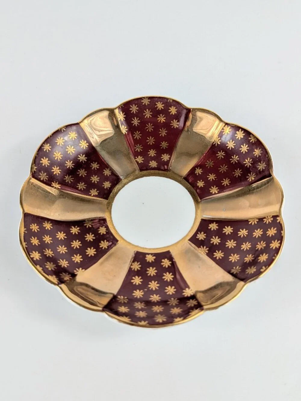 Vintage Burgundy and Gold Scalloped Bone China Saucer Made in England